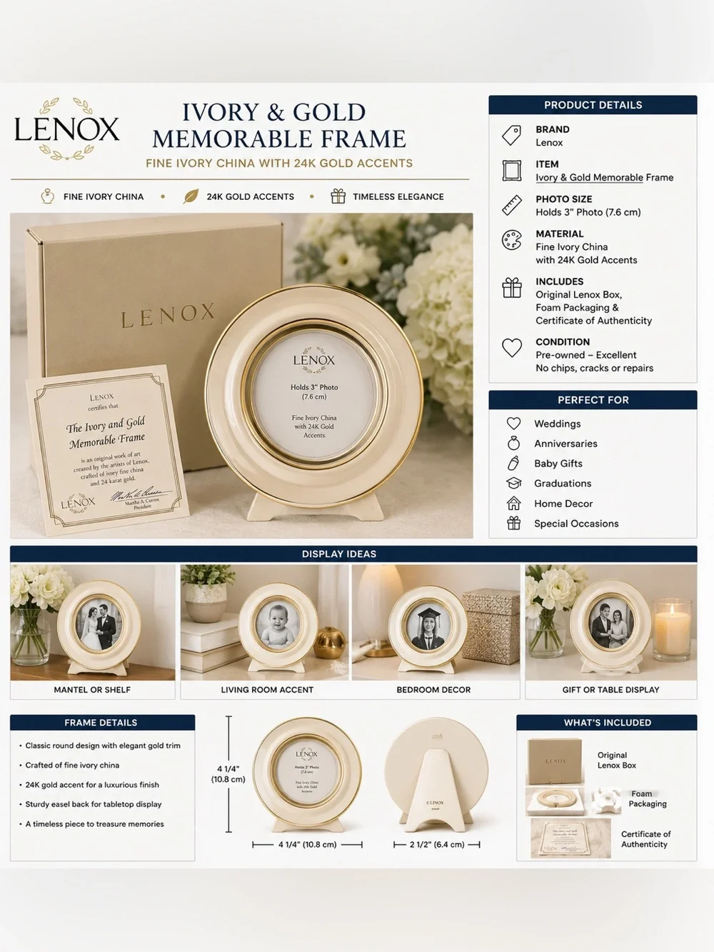 Lenox Ivory & Gold Memorable Frame Fine Ivory China 24K Gold Accent w/ Box & COA
